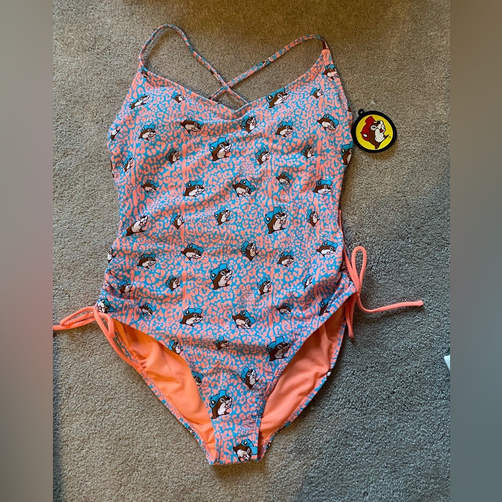 Women’s XL Bucees bathing suit. Blue and vibrant orange color with Bucee print
